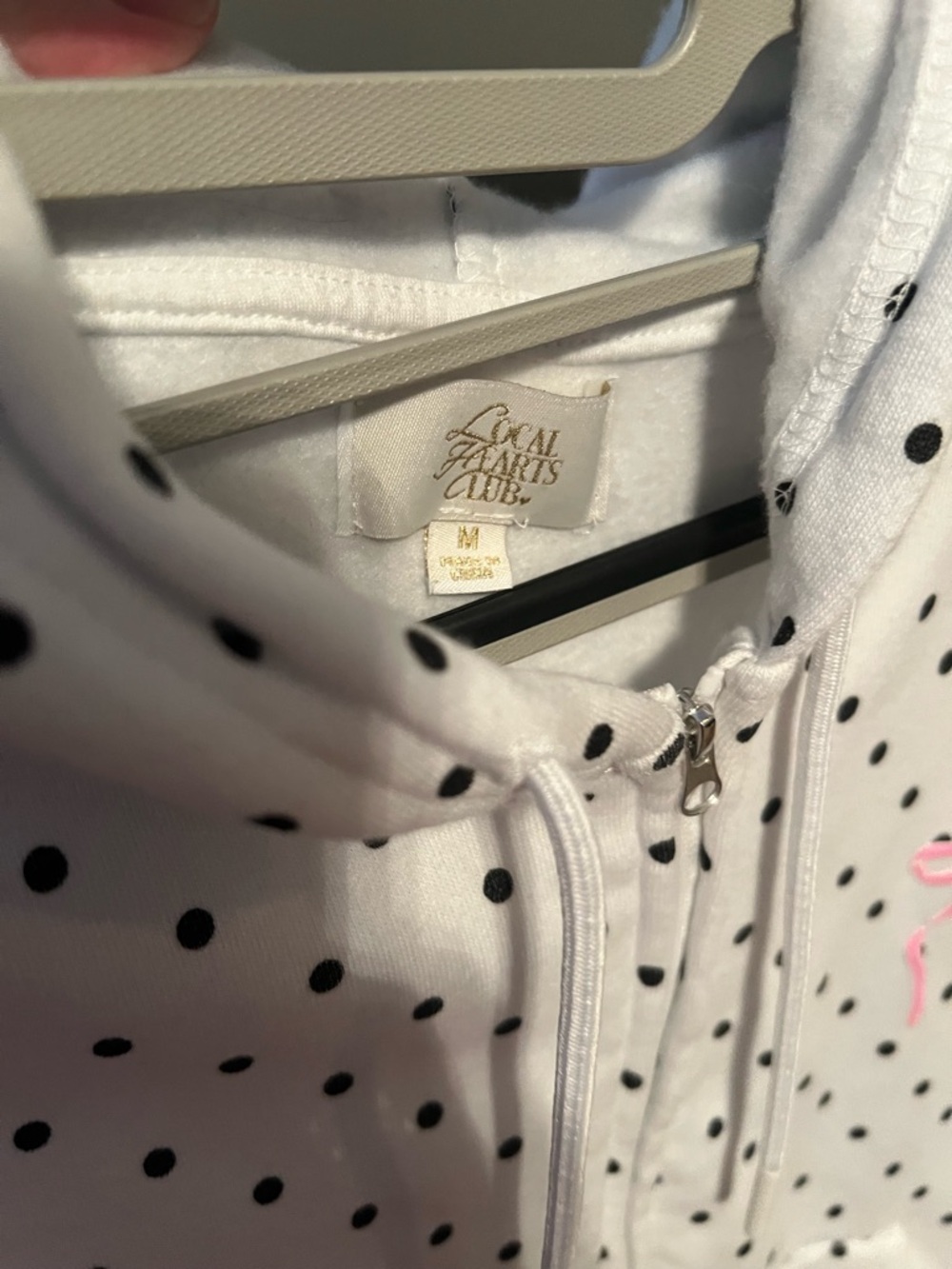White Polka Dot Zip-Up Hoodie with Pink Bow Embroidery - New York On Back - Picture 5 of 5